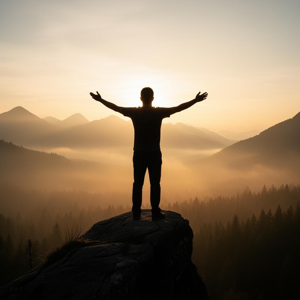 Silhueta de pessoa de braços abertos ao nascer do sol, a respirar livremente