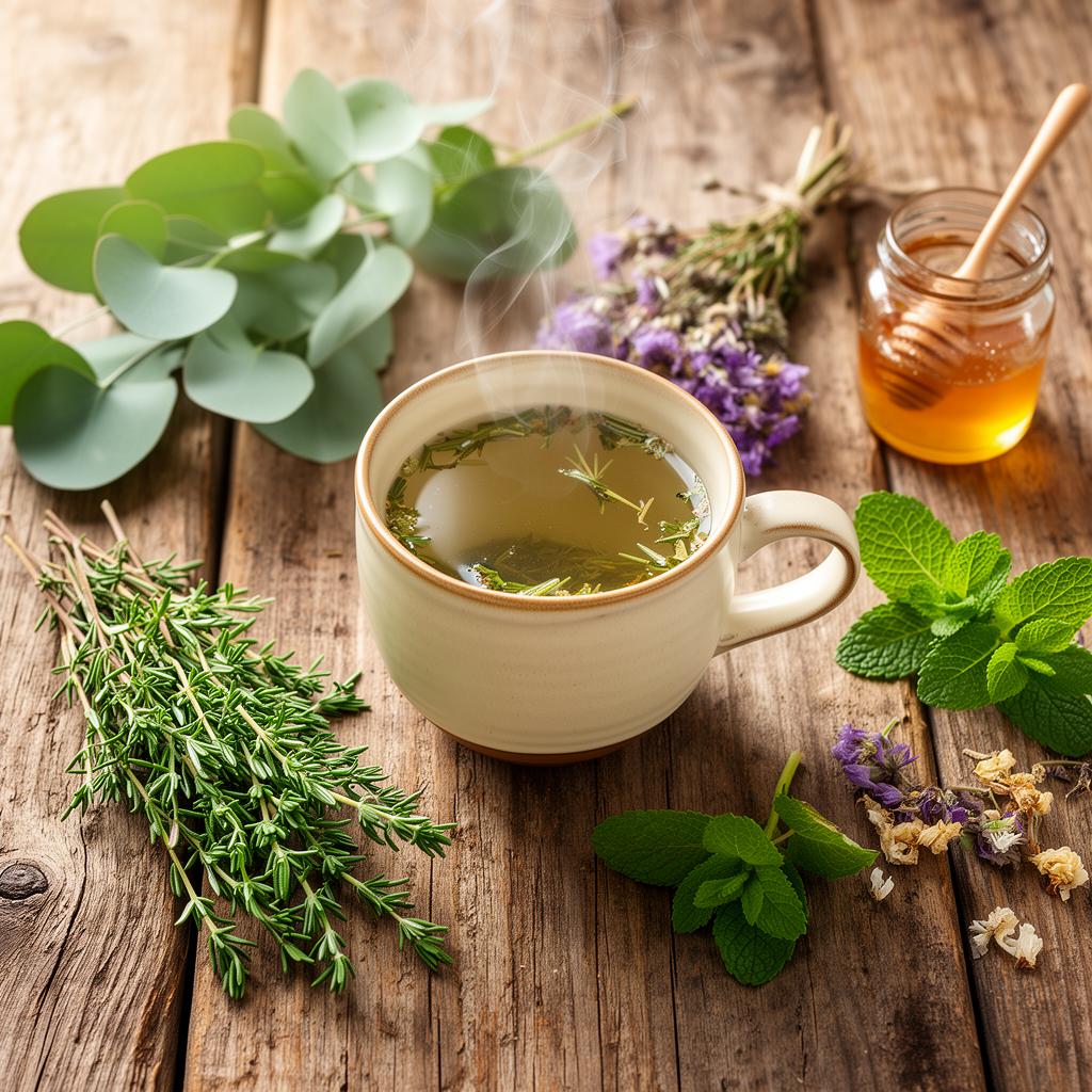 Chávena de chá de ervas com eucalipto, tomilho e mel