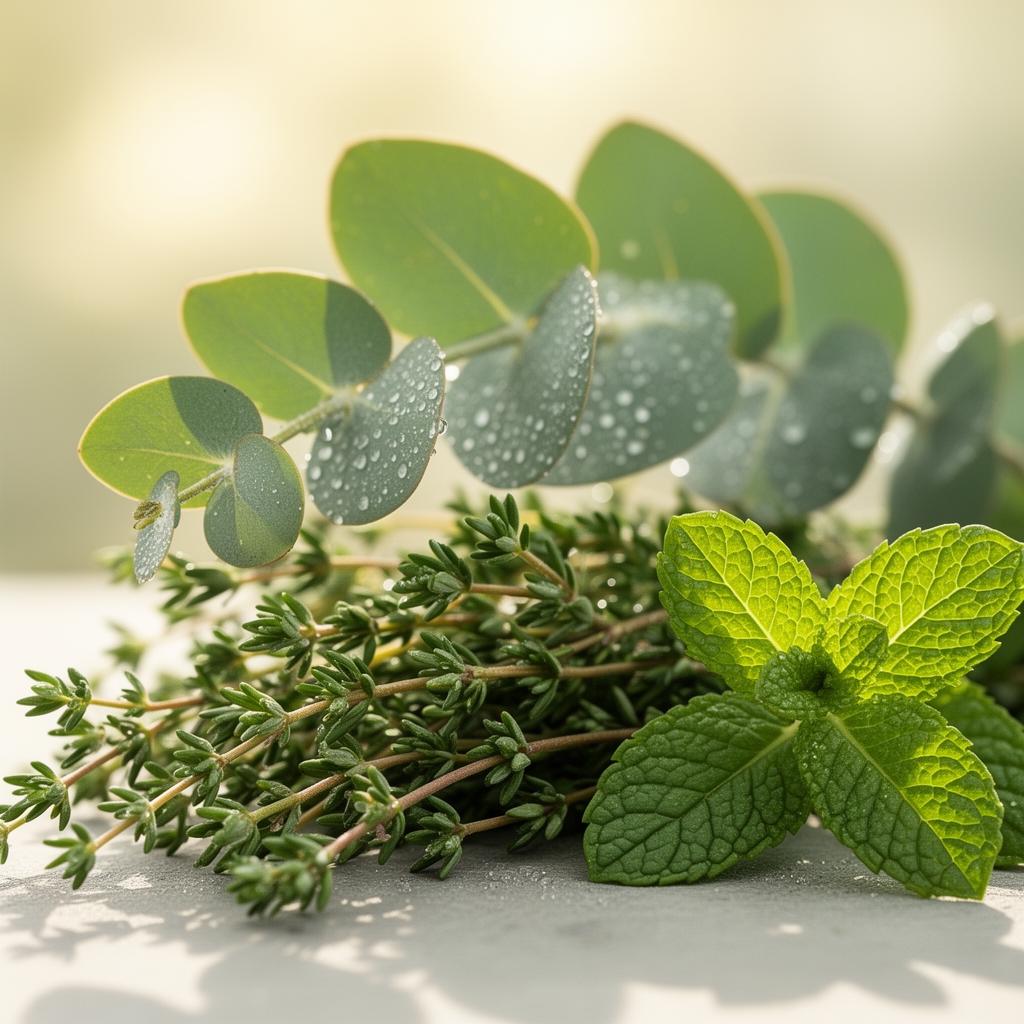 Folhas de eucalipto, tomilho e hortelã com gotas de orvalho